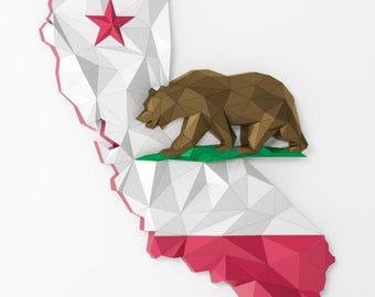 California Bear Wall Art Papercraft Template, 3D California Flag