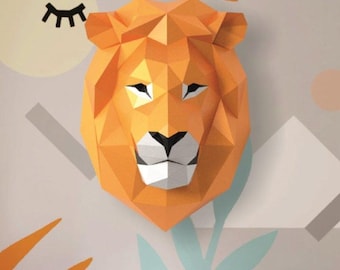 Lion Head Wall Decor, Polygonal Sculpture Lion, PDF Template, Lion Low Poly, DIY Paper Model, Home Decor, Lion Template