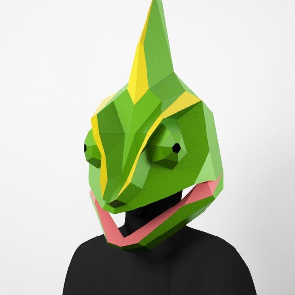 Masque de caméléon, cadeau de lézard, masque d'Halloween en crêpe, costume de Rango, costume d'enfant, masque en papier pour bricolage, low poly, polygonal, modèle PDF, création en papier