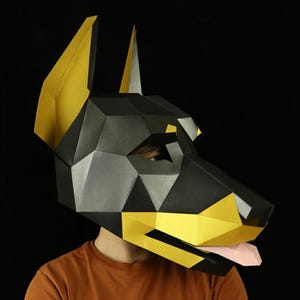 Máscara de dóberman DIY, máscara de dóberman de baja poligonización, máscara de perro de papel, plantilla PDF de máscara poligonal 3D