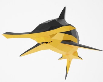May include: A yellow and black origami hammerhead shark with a triangular fin and a long, flat snout.