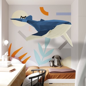 Whale 3D Art, Bedroom Decor Diy, Papercraft Gift, Low Poly Model, PDF Template, Home Decor, Blue Whale, Paper Craft image 2