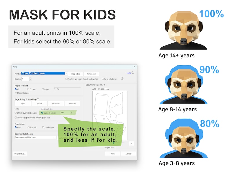 May include: Image with the text "MASK FOR KIDS" and instructions for printing masks at different scales for adults and children. Includes illustrations of meerkat faces with percentages and age ranges: 100% for 14+ years, 90% for 8-14 years, and 80% for 3-8 years.