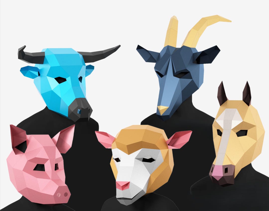 Farm Animal Mask Set, Pig Sheep Bull Goat Horse, Low Poly DIY Masks - Etsy