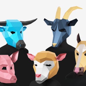 May include: A collection of five geometric animal masks: a blue bull, a dark blue goat, a pink pig, a tan sheep, and a tan horse. Each mask is crafted with polygonal shapes and set against a black background.
