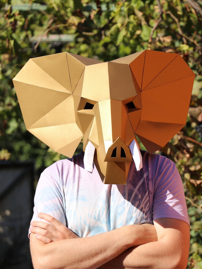 Elephant Mask, PDF Template, 3D Mask, Kids Costume, Papercraft Mask, DIY Low Poly Mask, Elephant Gift, Animal Costume, Animal Mask image 1