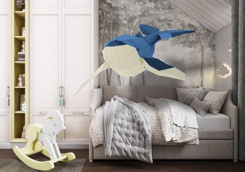 Whale 3D Art, Bedroom Decor Diy, Papercraft Gift, Low Poly Model, PDF Template, Home Decor, Blue Whale, Paper Craft image 1