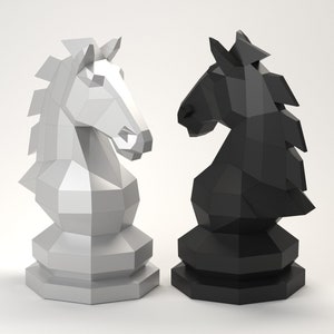 Puede incluir: Dos piezas de ajedrez, un caballo blanco y un caballo negro, se enfrentan. Los caballos est&aacute;n hechos de papel y est&aacute;n en un estilo 3D.