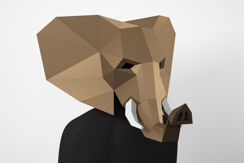 Elephant Mask, PDF Template, 3D Mask, Kids Costume, Papercraft Mask, DIY Low Poly Mask, Elephant Gift, Animal Costume, Animal Mask image 4
