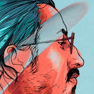 K&ouml;nnte beinhalten: Eine digitale Illustration einer Person mit blauen Haaren, die eine Brille tr&auml;gt. Die Person hat einen rot-orangen Bart und schaut nach rechts. Der Hintergrund ist hellblau mit einem wei&szlig;en und blauen Aquarell-Effekt.