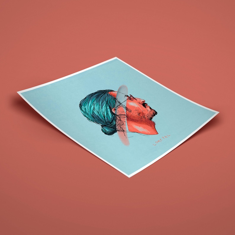 K&ouml;nnte beinhalten: Eine digitale Illustration eines Kopfes und der Schultern. Die Person hat blaues Haar, tr&auml;gt eine Brille und schaut nach oben. Der Hintergrund ist hellblau. Der Text "LOME PAL" befindet sich in der unteren rechten Ecke.