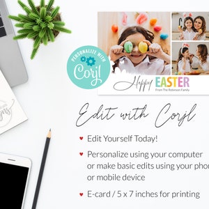 May include: A personalized Easter card with a photo of a family. The card is decorated with colorful eggs and the text "Happy Easter" in rainbow colors. The card is available for editing with the online service "Coyl".