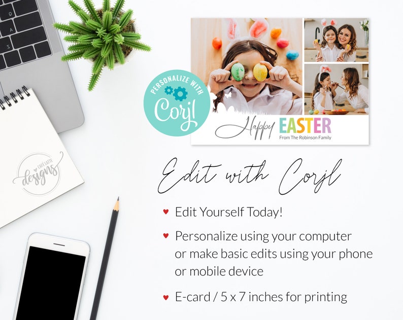 May include: A personalized Easter card with a photo of a family. The card is decorated with colorful eggs and the text "Happy Easter" in rainbow colors. The card is available for editing with the online service "Coyl".