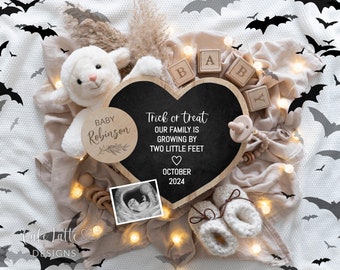 Halloween Pregnancy Announcement Digital | Baby Announcement Digital For Social Media | Halloween Bats Lamb Letter Board Editable Template