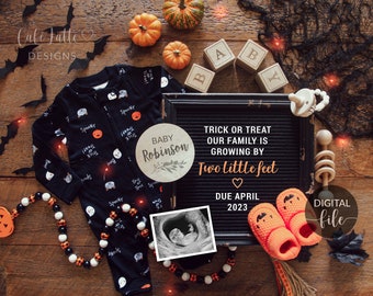 Digital Halloween Pregnancy Announcement Social Media, Peek A Boo Black Letter Board, Family Growing By Two Feet Fall October Baby Instagram