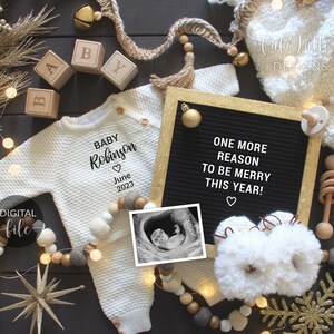 Digital Christmas Pregnancy Announcement Social Media, The More The Merrier, One More Reason to be Merry, Black Gold Winter December Baby One More Reason