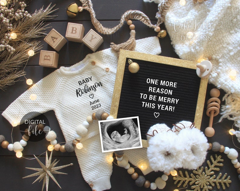 Digital Christmas Pregnancy Announcement Social Media, The More The Merrier, One More Reason to be Merry, Black Gold Winter December Baby One More Reason