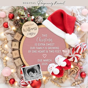 Anuncio digital de embarazo de niña para Navidad, revelación de género de niña, gorro de Papá Noel para redes sociales, plantilla editable