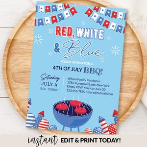 Modèle modifiable d'invitation du 4 juillet | Invitation barbecue imprimable du 4 juillet | Invitation fête de l'indépendance | Invitation électronique à une soirée numérique aux États-Unis