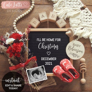 Anuncio de embarazo de Navidad editable en las redes sociales, Bebé de invierno de diciembre, Estaré en casa para el tablero de cartas de Navidad, Corjl digital DIY
