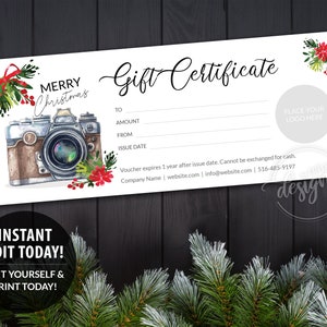 FOTO WEIHNACHTEN Geschenk-Zertifikat druckbare editierbare Vorlage, personalisierte Geschenk-Gutschein, Instant DIY mit Corjl, Fotografie Business Geschenk
