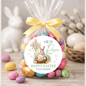 easter stickers printable, easter stickers template, easter cricut stickers, he is risen stickers, avery easter stickers religious cross and bunny rabbit, easter round label template, easter 3 inch round labels editable template, instant download DIY, Easter candy treat bag gift tags for church