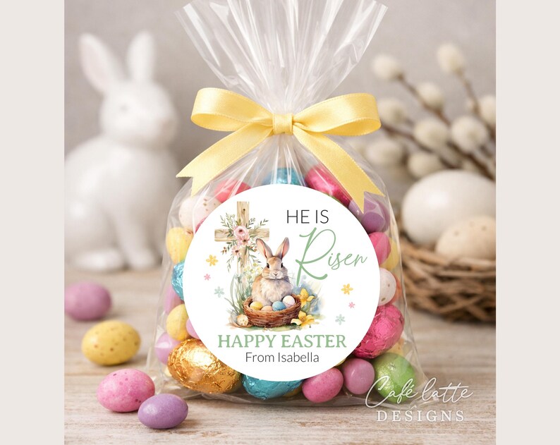easter stickers printable, easter stickers template, easter cricut stickers, he is risen stickers, avery easter stickers religious cross and bunny rabbit, easter round label template, easter 3 inch round labels editable template, instant download DIY, Easter candy treat bag gift tags for church