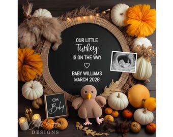 Thanksgiving Pregnancy Announcement Digital / Fall Baby Announcement Digital / Autumn Turkey Pumpkins / Editable Template / Instant Download