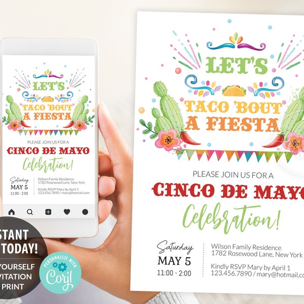 Cinco De Mayo Fiesta Invitation Editable Printable, Let's Taco Bout Party Invite E-Invitation, Birthday Celebration, Instant DIY Corjl, 5x7