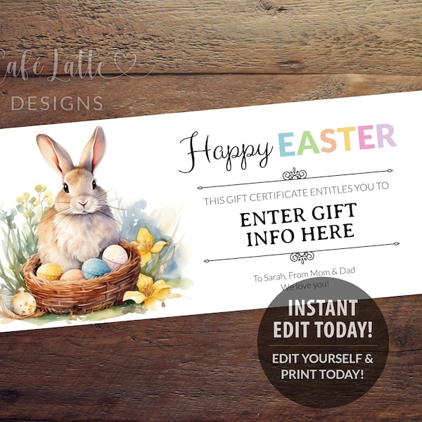 Easter Gift Certificate Editable Digital Template, Printable Personalized Easter Bunny Egg Hunt Gift Coupon Card, Kids Gift Idea Instant DIY