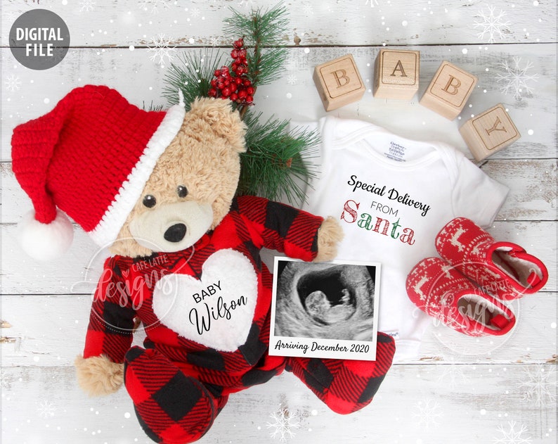 CHRISTMAS Pregnancy Announcement, Digital Baby Announcement December 2020, Personalized Social Media Baby Reveal Idea, Santa, Merrier, Gift Special Delivery