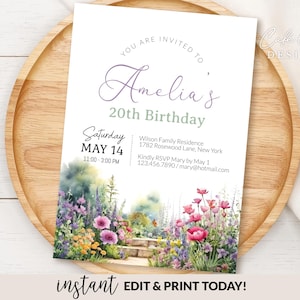 Modelo editável de convite de aniversário / Convite para festa de jardim para impressão / Convite personalizado com flores / Convite eletrônico digital para meninas, adolescentes e mulheres