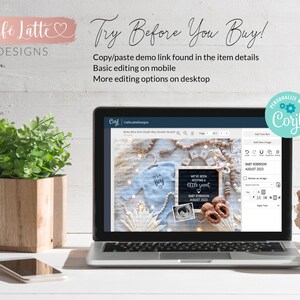 May include: A laptop computer displaying a mockup of a baby shower invitation on the screen. The invitation features a blue and white onesie with the text "It's a Boy" and a chalkboard sign with the text "We've been keeping a little secret." The invitation also includes a photo of a baby and the text "Baby Robinson August 2023".