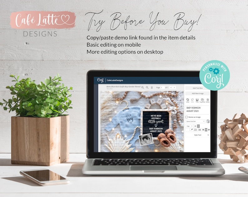 May include: A laptop computer displaying a mockup of a baby shower invitation on the screen. The invitation features a blue and white onesie with the text "It's a Boy" and a chalkboard sign with the text "We've been keeping a little secret." The invitation also includes a photo of a baby and the text "Baby Robinson August 2023".