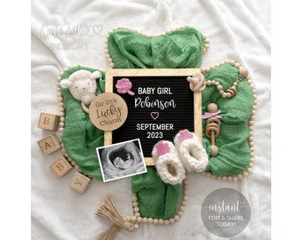 St Patricks Girl Gender Reveal Digital Pregnancy Announcement Social Media, Baby Girl Little Lucky Charm Letter Board Editable Template DIY