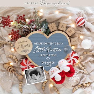 Anuncio de género de niño en Navidad, anuncio digital de embarazo de hermanito, anuncio de bebé varón en redes sociales, plantilla editable de Papá Noel