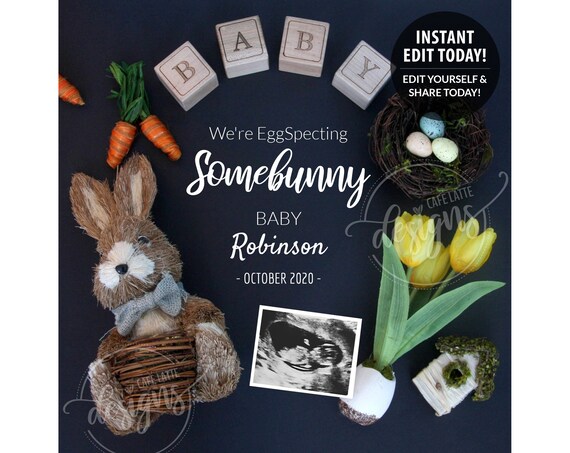 EASTER Pregnancy Announcement Editable, Baby Announcement Edit Yourself April, Digital Instant Download Reveal Social Media, Somebunny Eggs Il_570xn