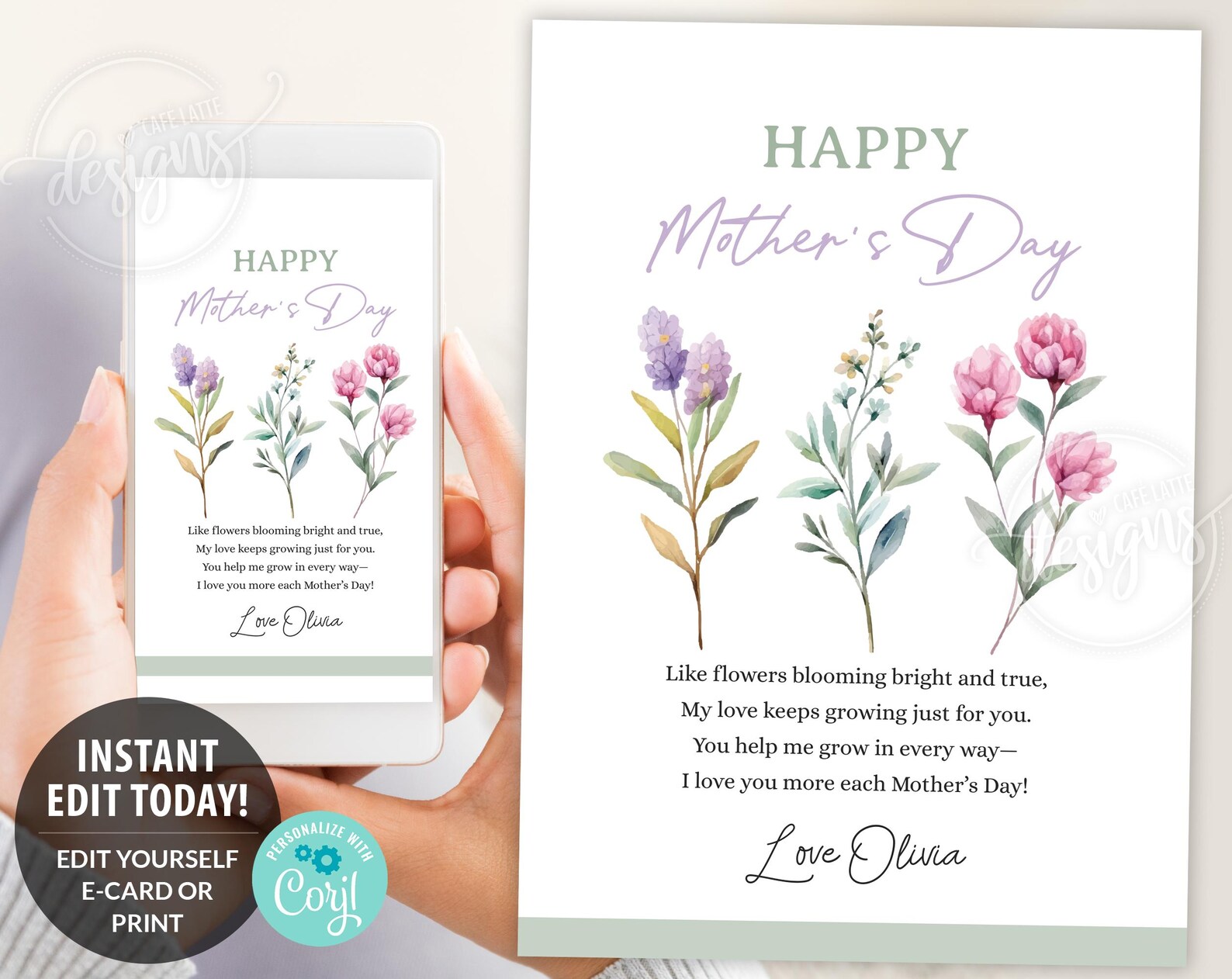 Mothers Day Printable Card for Mom, Personalized Mothers Day Card ...