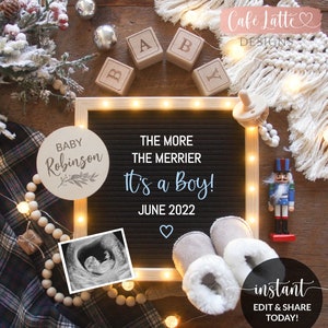 Editable Boy Christmas Gender Reveal para las redes sociales, Es un boy Letter Board Anuncio de embarazo Plantilla digital, Instagram, Corjl DIY