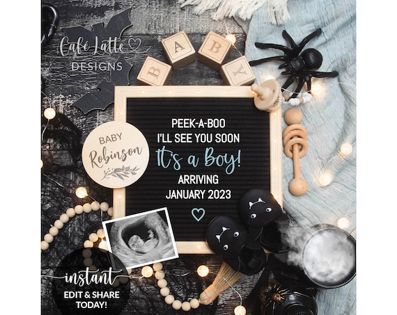 Digital Boy Halloween Gender Reveal For Social Media, Pregnancy Announcement Its a Boy Baby, Letter Board Editable Template, Instagram DIY Il_570xn