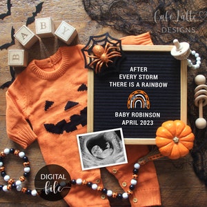 Digital Halloween Rainbow Baby Pregnancy Announcement For Social Media, Boho Rainbow Baby Our Pumpkin, After Every Storm There is a Rainbow