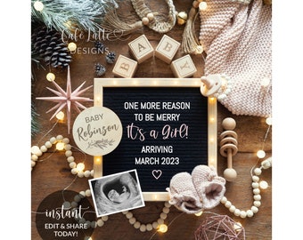 Digital Christmas Girl Gender Reveal Social Media, Pregnancy Announcement Boho Pink Its a Girl Letter Board Editable Template, Instant DIY