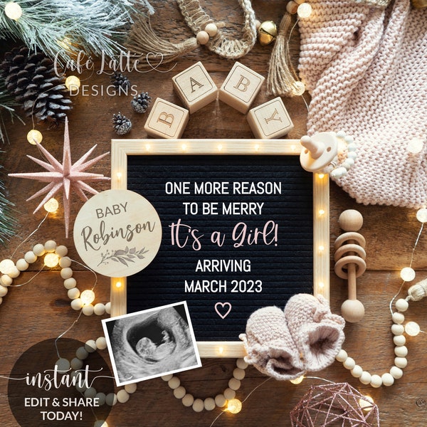 Digital Christmas Girl Gender Reveal Social Media, Schwangerschaft Ankündigung Boho Pink Its a Girl Letter Board bearbeitbare Vorlage, Instant DIY