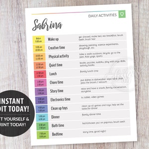 Editable Daily Planner, Chore Chart Multicolor, Kids Responsibility Reward Chart Printable Editable Template, Personalized Instant DIY Corjl