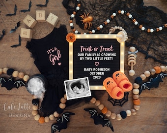 Halloween Girl Gender Reveal For Social Media, Halloween Digital Baby Girl Pregnancy Announcement, Trick or Treat Letter Board, Its a Girl