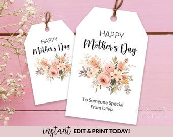 Mothers Day Gift Tags, Printable Mothers Day Favor Tags Editable Template with Pink Flowers, Instant Download Personalized Labels Mom, DIY