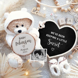 Pregnancy Announcement Digital Reveal For Social Media, Baby Announcement Digital Boho Gender Neutral Image Bear & Heart, Keeping a Secret
