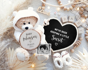 Pregnancy Announcement Digital Reveal For Social Media, Baby Announcement Digital Boho Gender Neutral Image Bear & Heart, Keeping a Secret