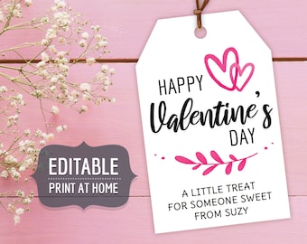 Valentine's Gift Tags, Valentines Day Editable Personalized Gift Favor Tags Template with Pink Hearts, Custom Printable Instant Download DIY