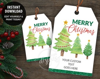 CHRISTMAS Printable Gift Tags, Editable Personalized Favor Tags Template with Trees, Instant Download Labels for Kids School Teacher DIY